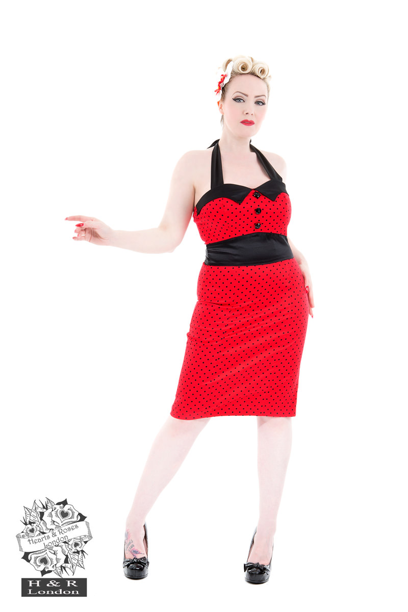 Red Black Polka Dot 40s Pencil Dress